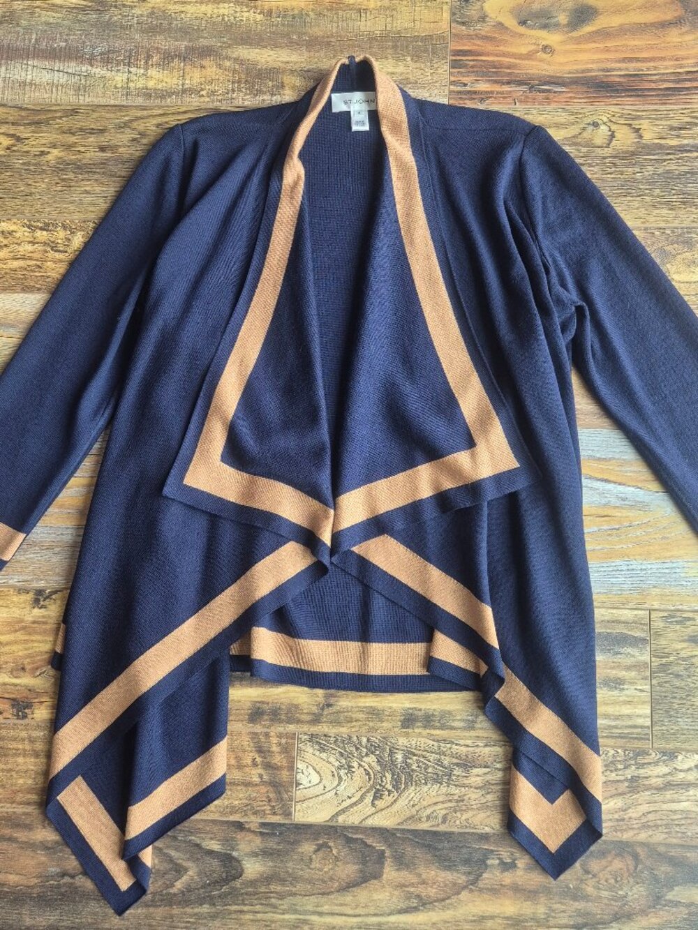 ST. JOHN Wool Blend Draped Open Cardigan Contrasting Camel Brown Trim Navy Blue